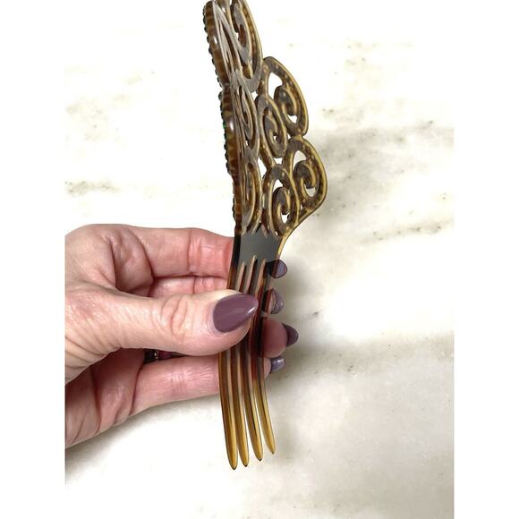 Antique Ornate Celluloid Hair Comb Green Rhinestones Art Nouveau - Picture 7 of 16